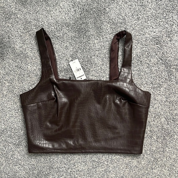 Express Tops - Croc Faux Leather Square Neck Cropped Tank